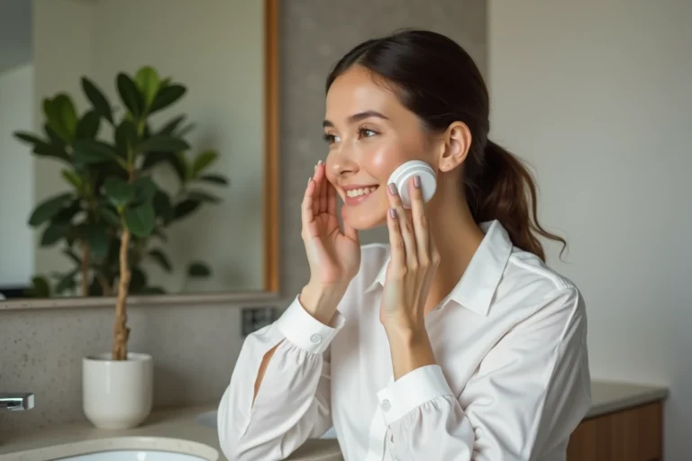 Femme appliquant une creme visage au matin