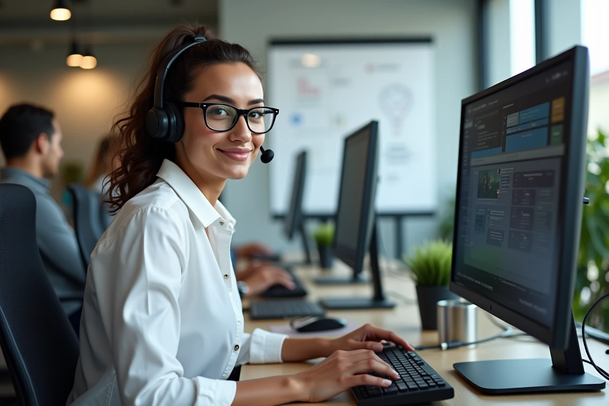 Conseillère en support numérique travaillant sur deux écrans dans un bureau professionnel moderne