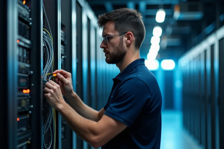 Technicien informatique configurant un rack serveur dans un centre de données moderne