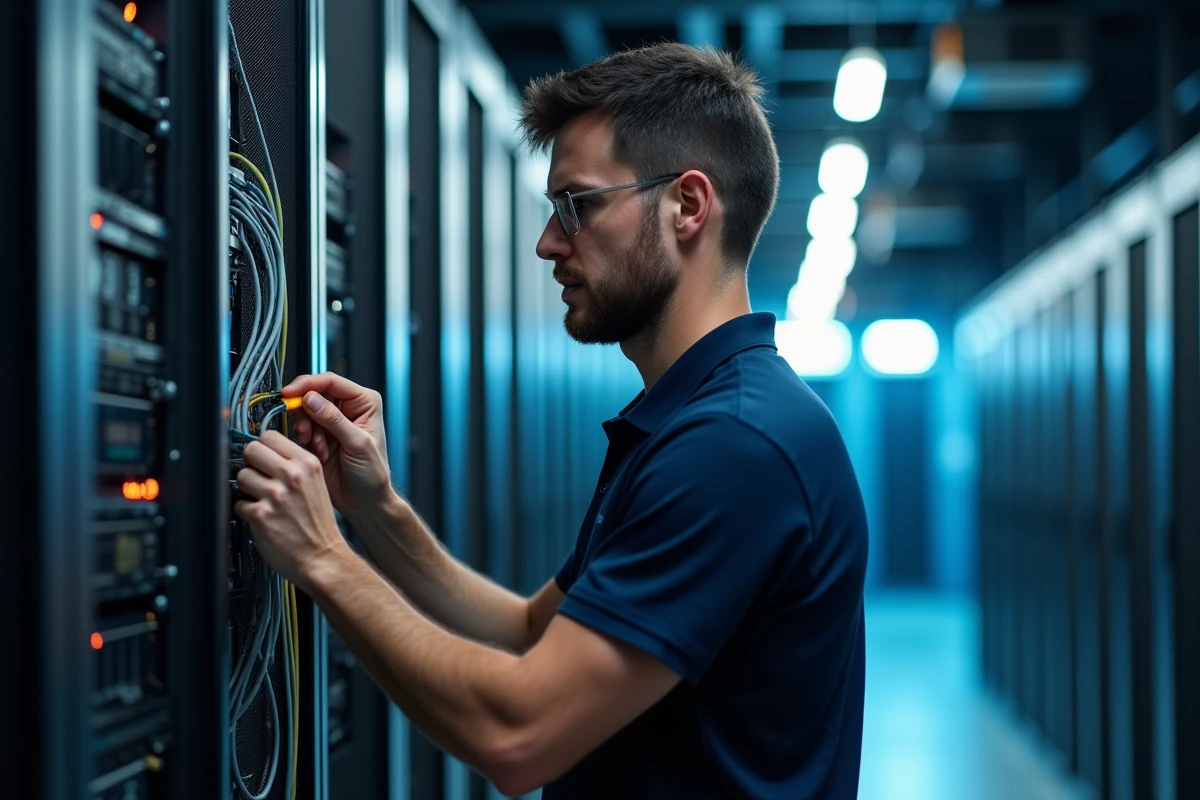 Technicien informatique configurant un rack serveur dans un centre de données moderne