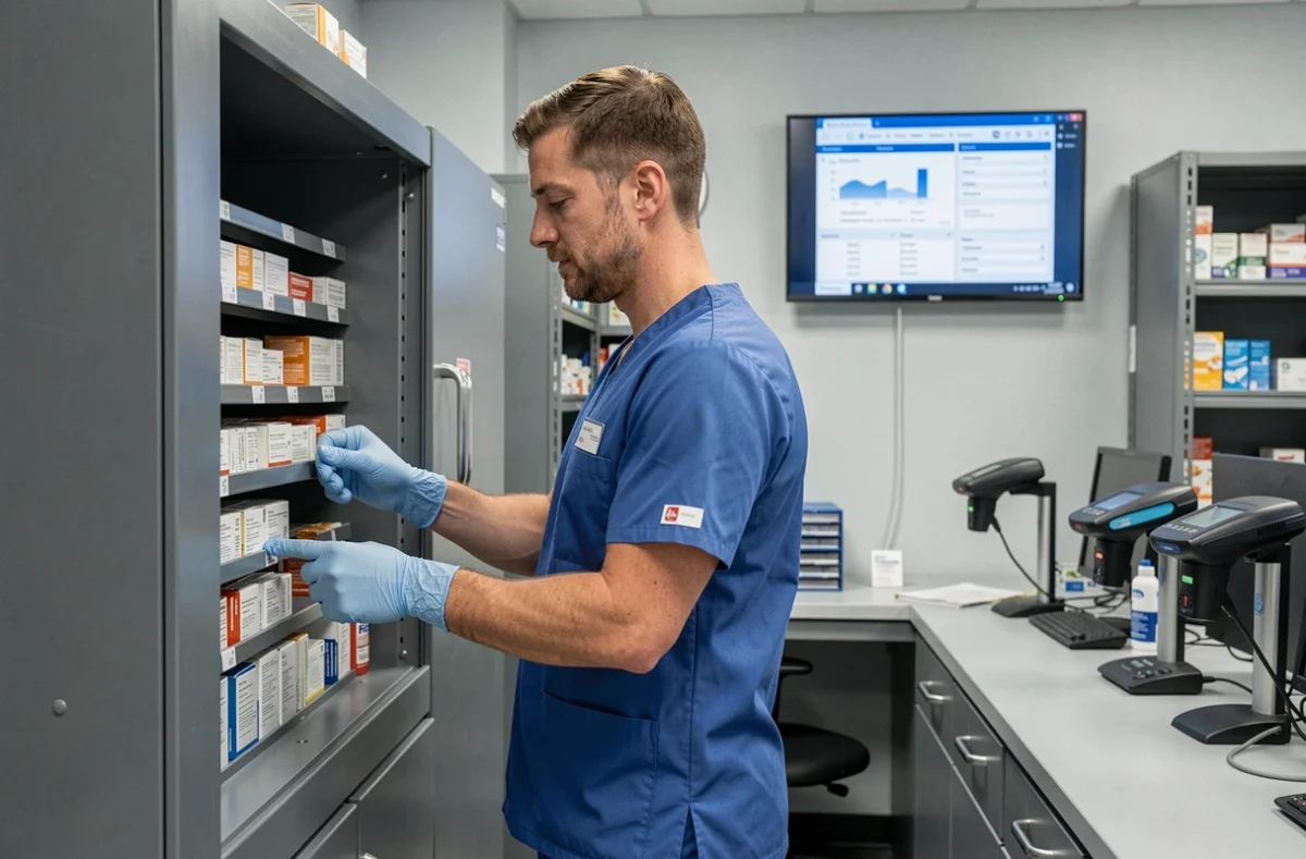Technicien en pharmacie organisant des médicaments dans un système de distribution automatisé pour améliorer l'efficacité opérationnelle