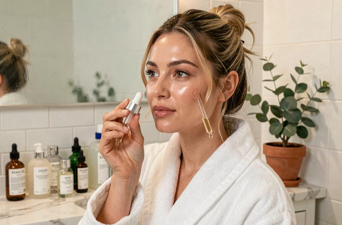 Femme appliquant un sérum de soin sur son visage dans une salle de bain moderne aux tons neutres et naturels
