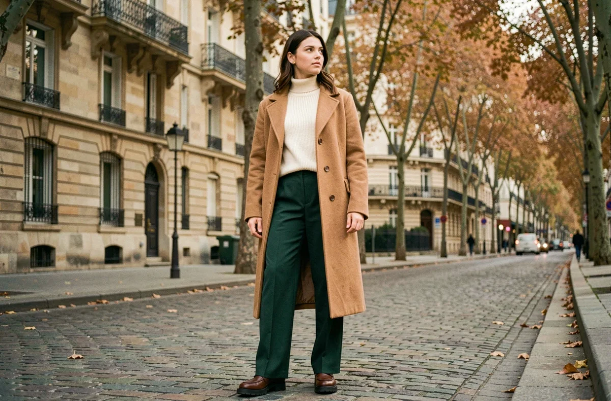 Femme élégante portant un manteau oversize camel et un pantalon large vert forêt dans une rue pavée parisienne, tendances mode automne-hiver