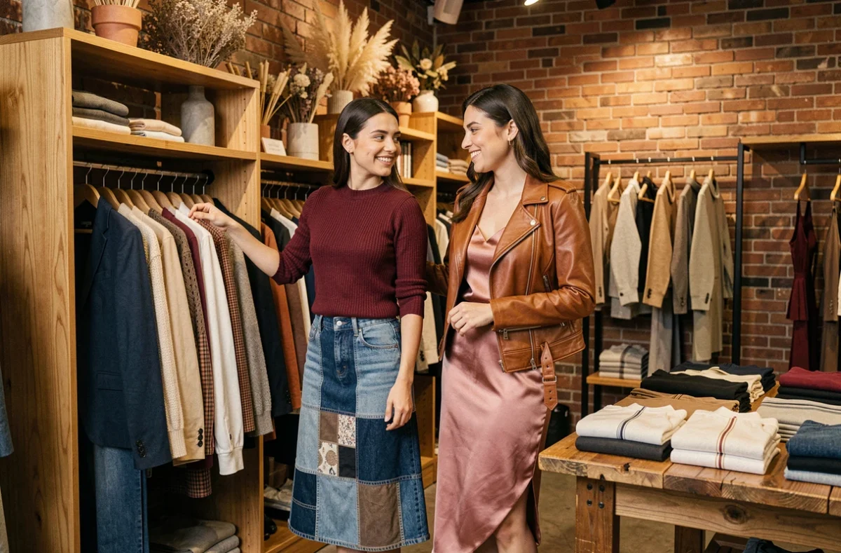 Deux femmes découvrant des vêtements tendance dans une boutique concept store au décor en brique et bois, mode féminine nouvelle saison