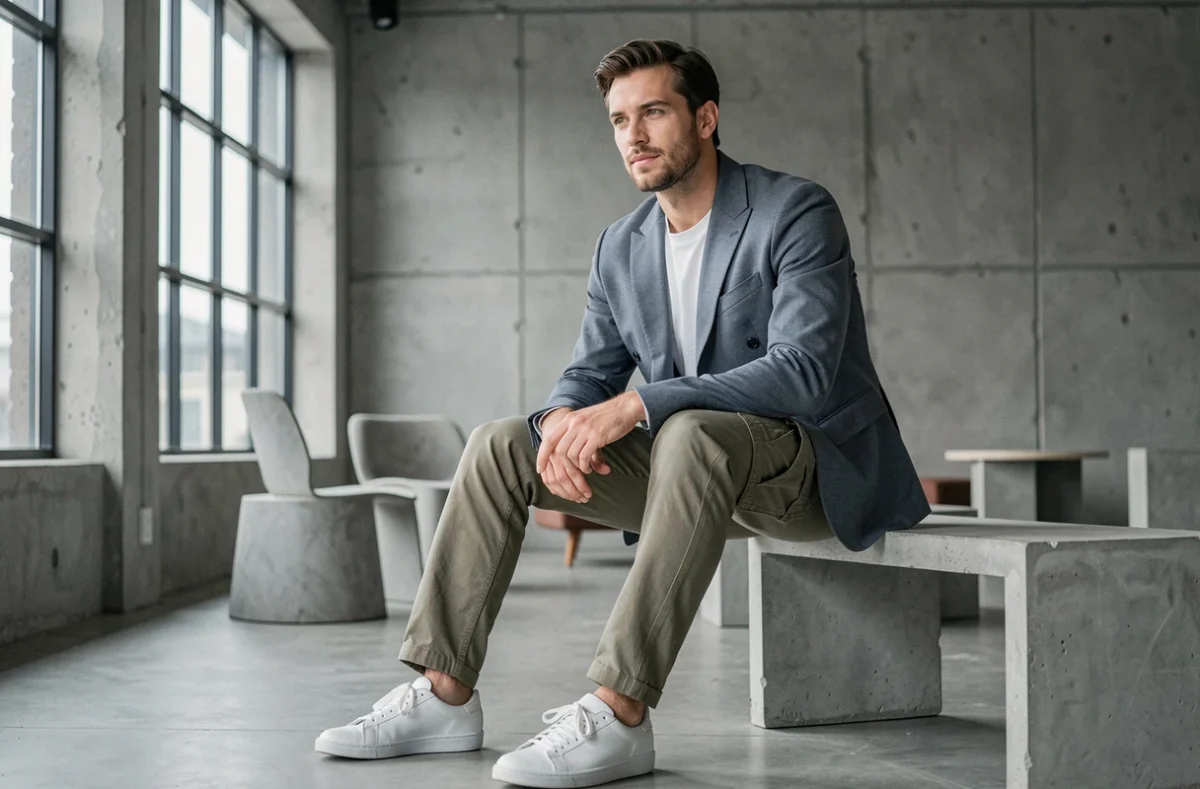 Homme en blazer ardoise double boutonnage et cargo beige assis dans un showroom design contemporain, tendances mode masculine printemps