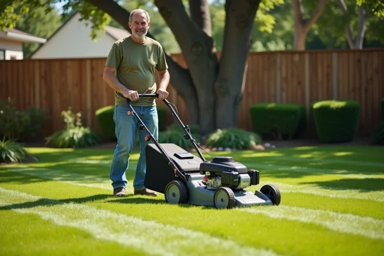 Homme utilisant une tondeuse thermique dans un jardin résidentiel bien entretenu