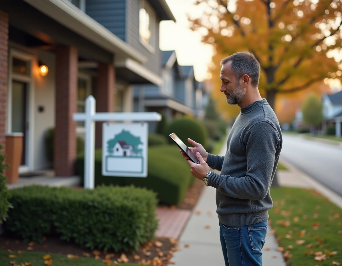 Propriétaire vendeur consultant une annonce immobilière sur tablette devant sa maison à vendre